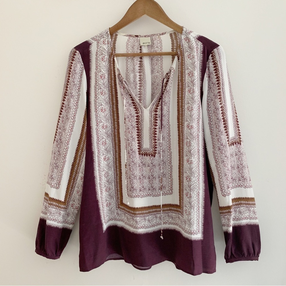 Ecru "The Artist" Silk Scarf Print Blouse Large Summer Lux